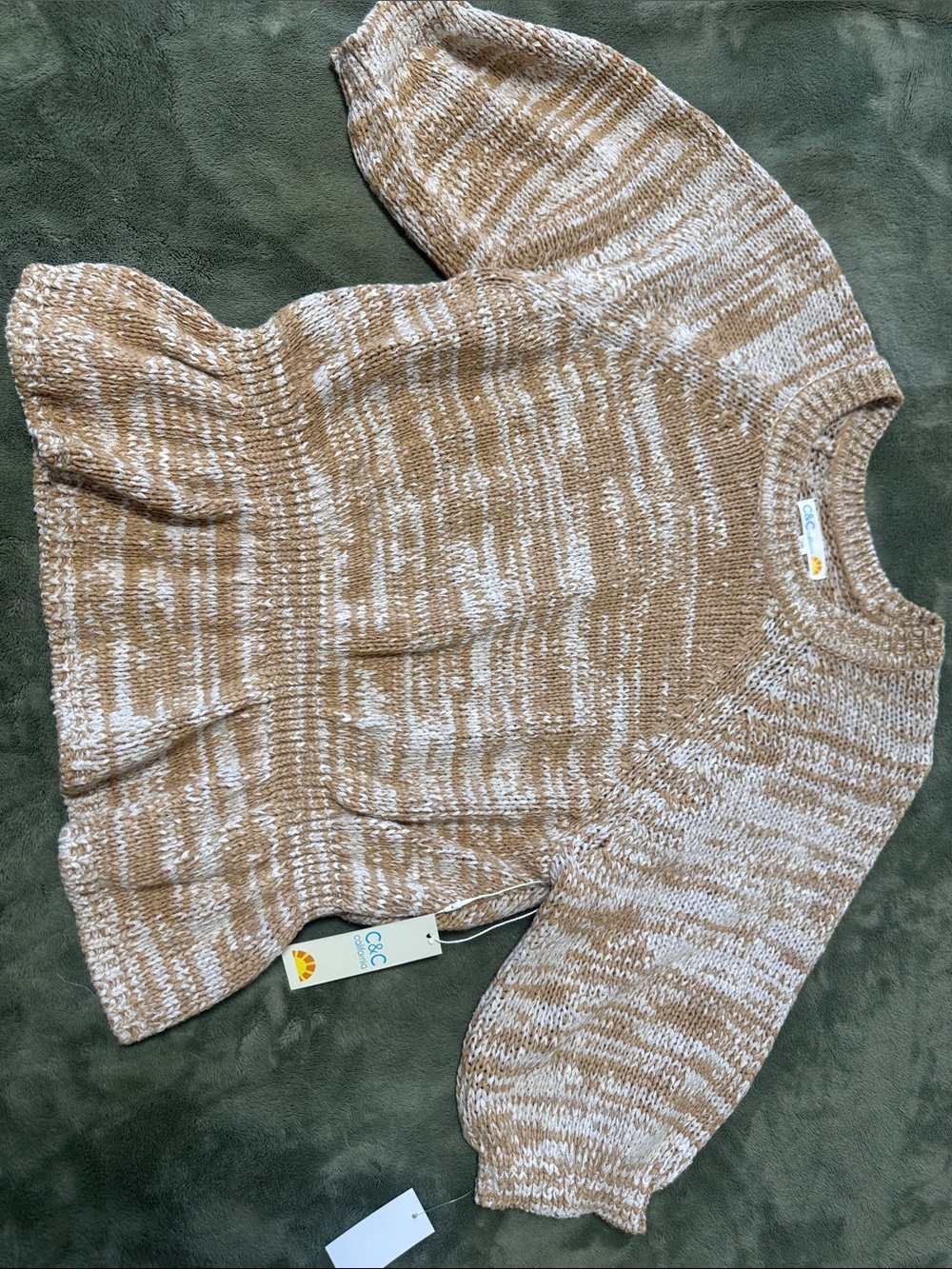Cream and yellow Marled Puff-Sleeve Crew Sweater